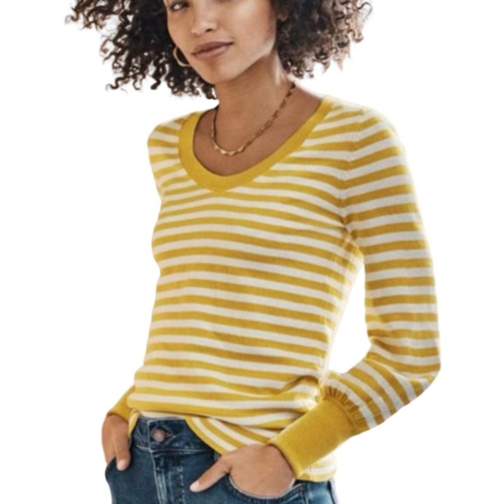 Boden Bernice Jumper 16 Yellow White Stripe Blouson Sleeve Coastal Preppy Knit